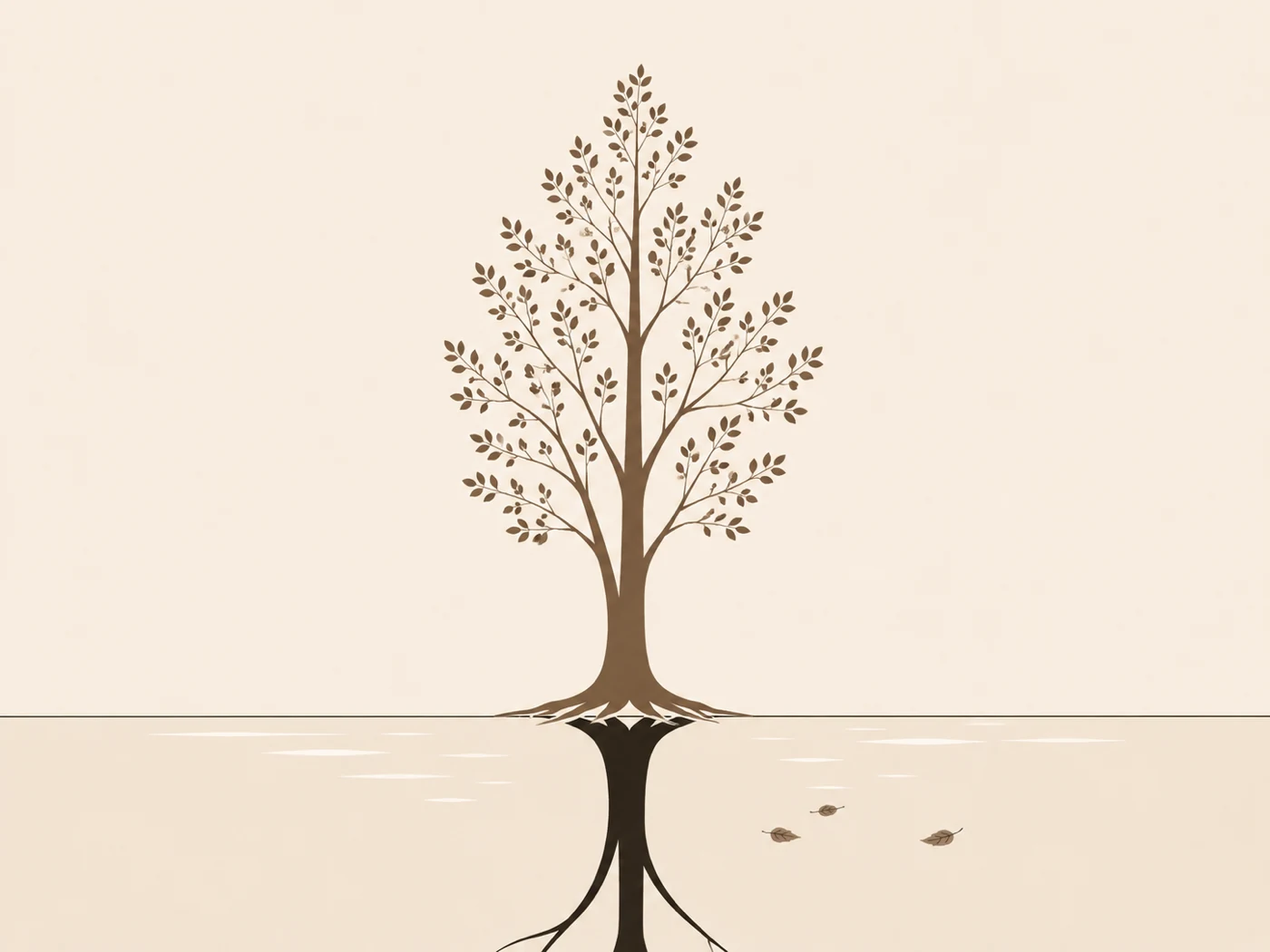A single alder tree reflected in calm water, with leaves drifting nearby
