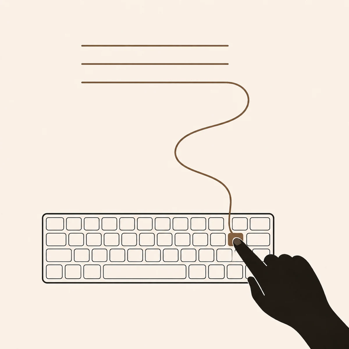 A hand pressing a single key on a Mac keyboard, with a flowing line forming three text rules above
