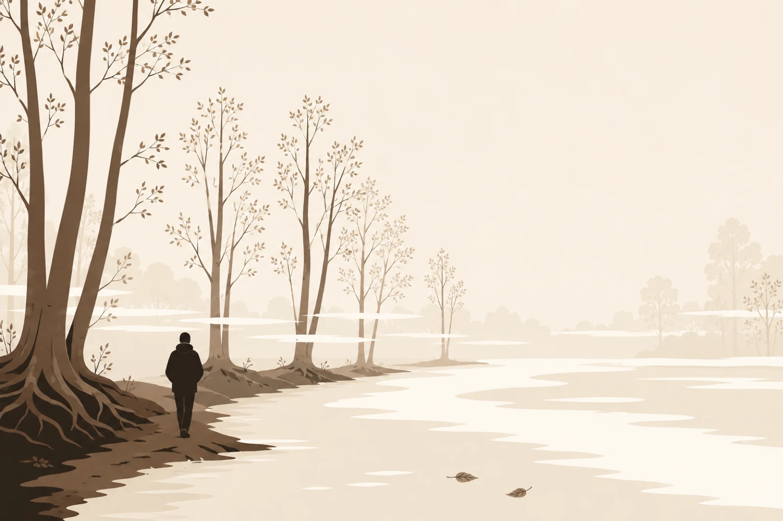 A small figure walking along a misty riverbank lined with alder trees in Galicia